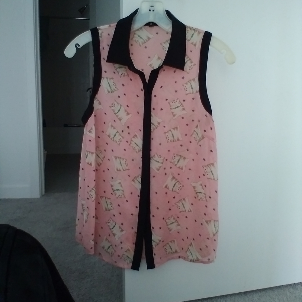Kitties All Over Pink and Black Blouse Cleaned and Sanitized